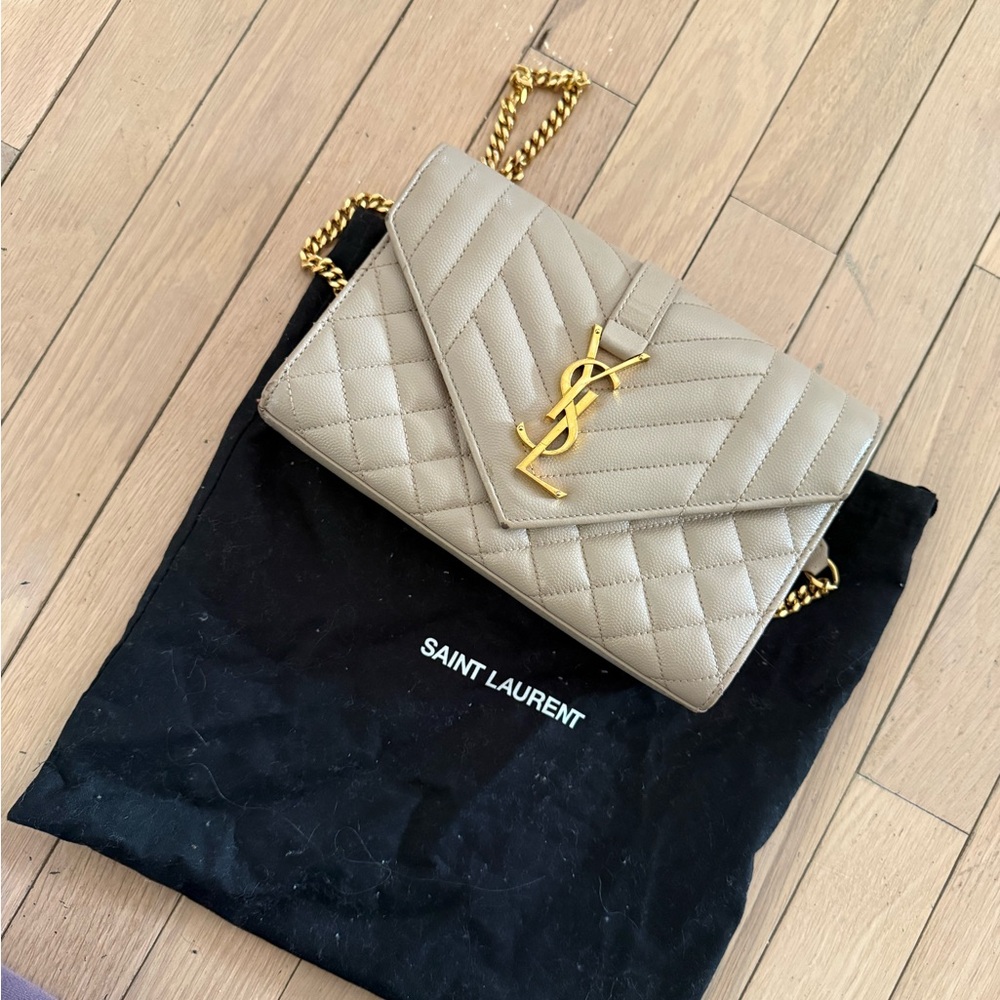 Saint Laurent Taupe Quilted Clutch with Gold Accents